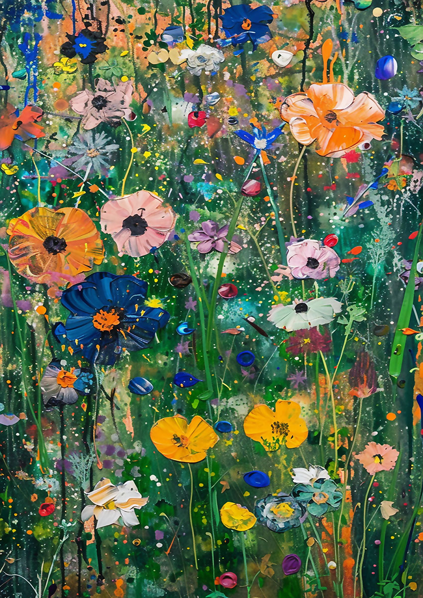 Vibrant artwork featuring a multitude of colourful abstract flowers in a lush green setting.
